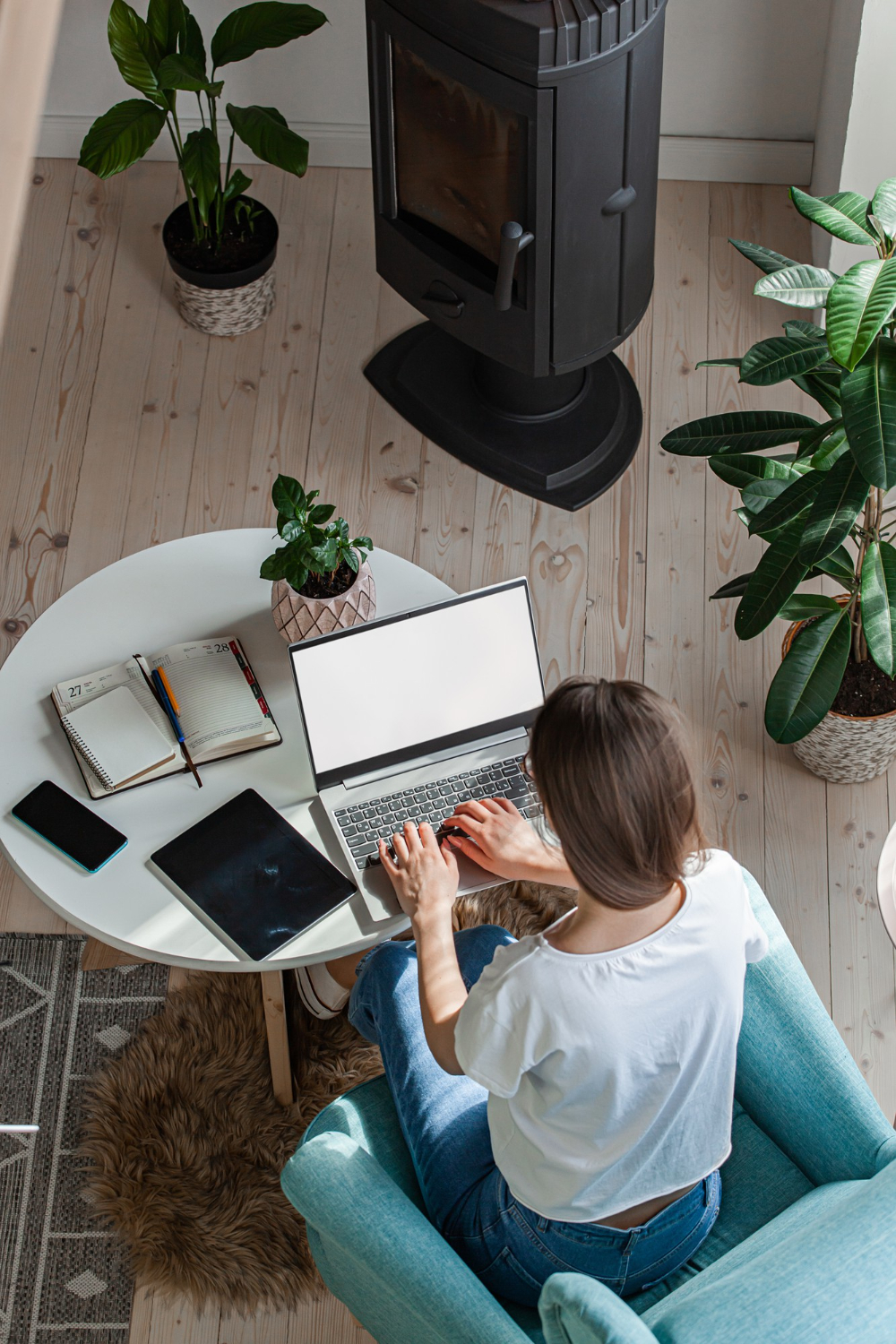 A young woman works from home
