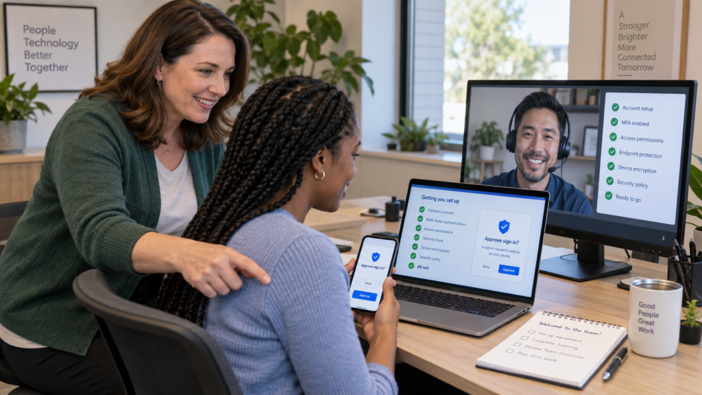 Office manager and managed IT provider coordinating secure employee onboarding and computer setup