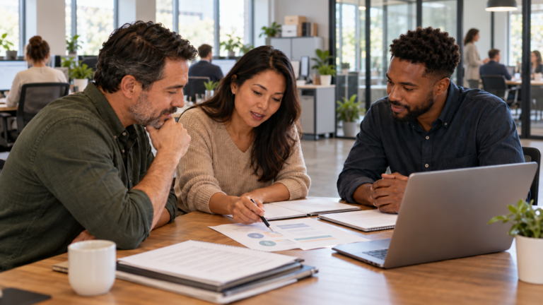 Small-business leaders reviewing a cybersecurity plan with an IT advisor