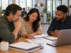 Small-business leaders reviewing a cybersecurity plan with an IT advisor